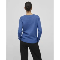 Pull col rond poignets côtelés bleu en viscose Eva