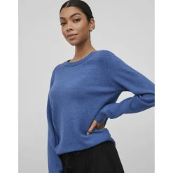 Pull col rond poignets côtelés bleu en viscose Eva