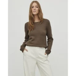 Pull col rond poignets côtelés marron en viscose Gail