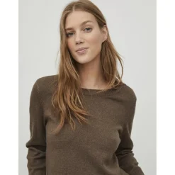 Pull col rond poignets côtelés marron en viscose Gail