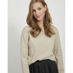 Pull col rond poignets côtelés marron en viscose Lara