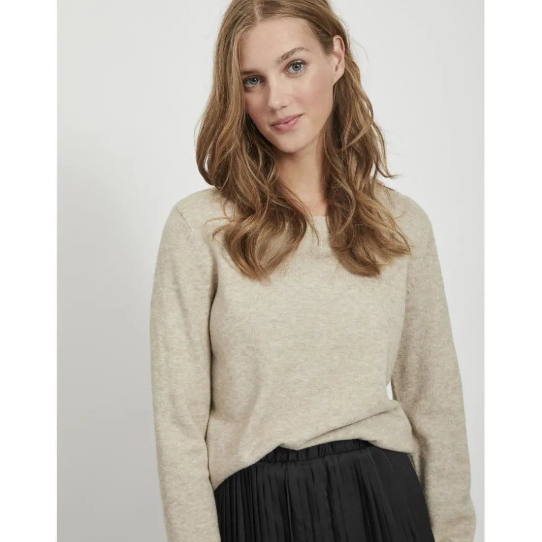 Pull col rond poignets côtelés marron en viscose Lara