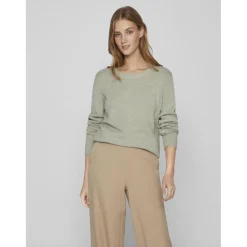 Pull col rond poignets côtelés vert en viscose Maëlys