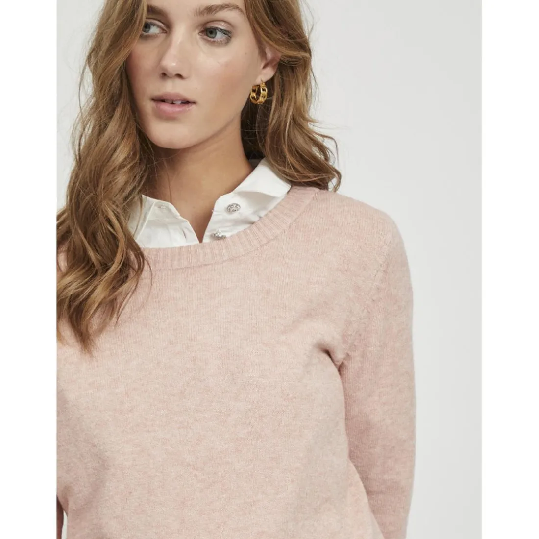 Pull col rond poignets côtelés rose en viscose Bella
