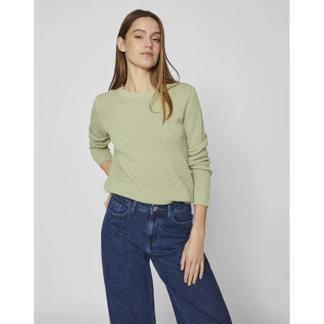 Pull col rond vert en coton Mae