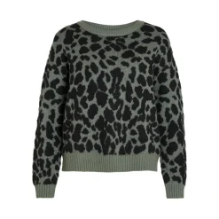 Pull col rond vert imprimé léopard en viscose
