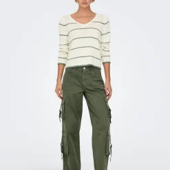 Pull Col V Geenas - Blanc cassé/ Vert Olive Tess