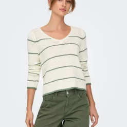 Pull Col V Geenas - Blanc cassé/ Vert Olive Tess