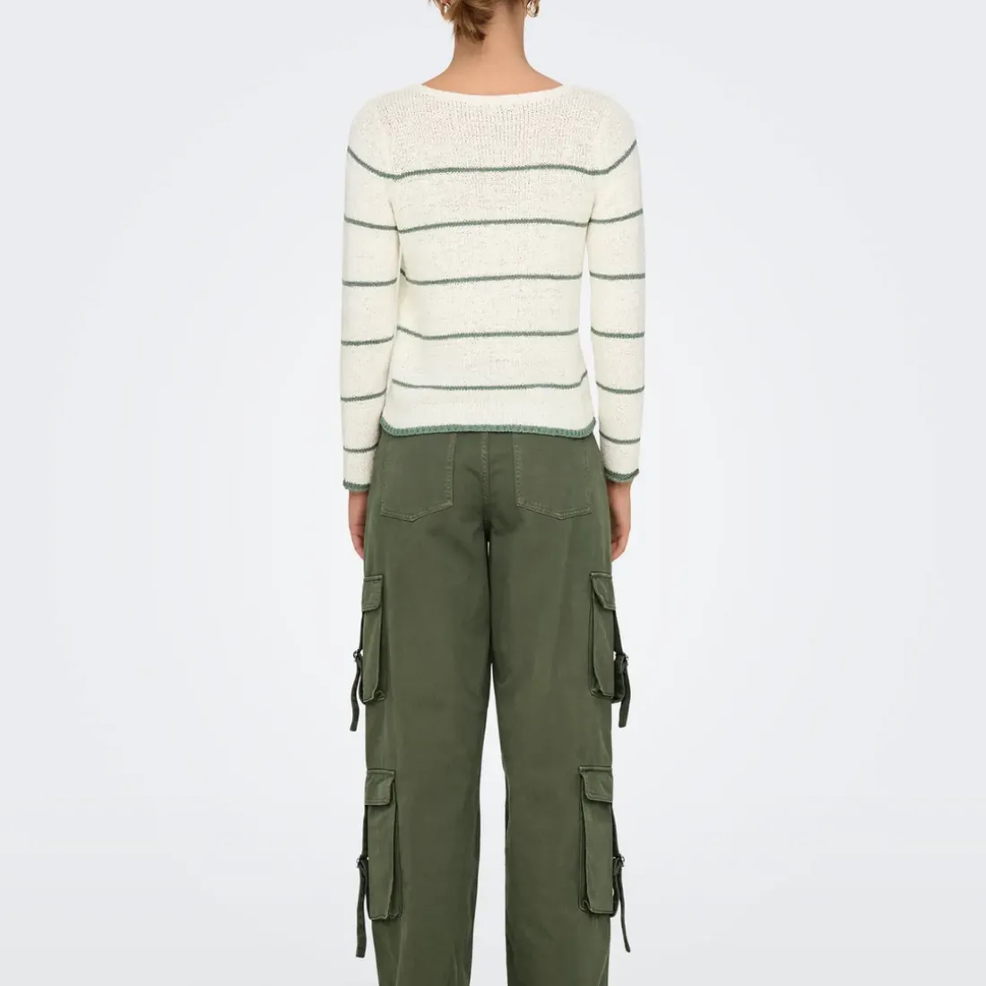 Pull Col V Geenas - Blanc cassé/ Vert Olive Tess