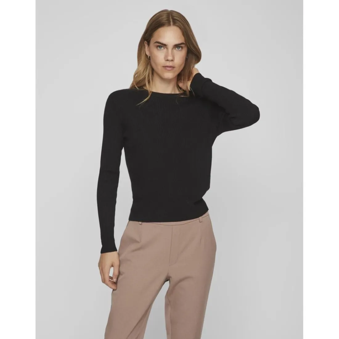 Pull poignets côtelés col rond noir en viscose