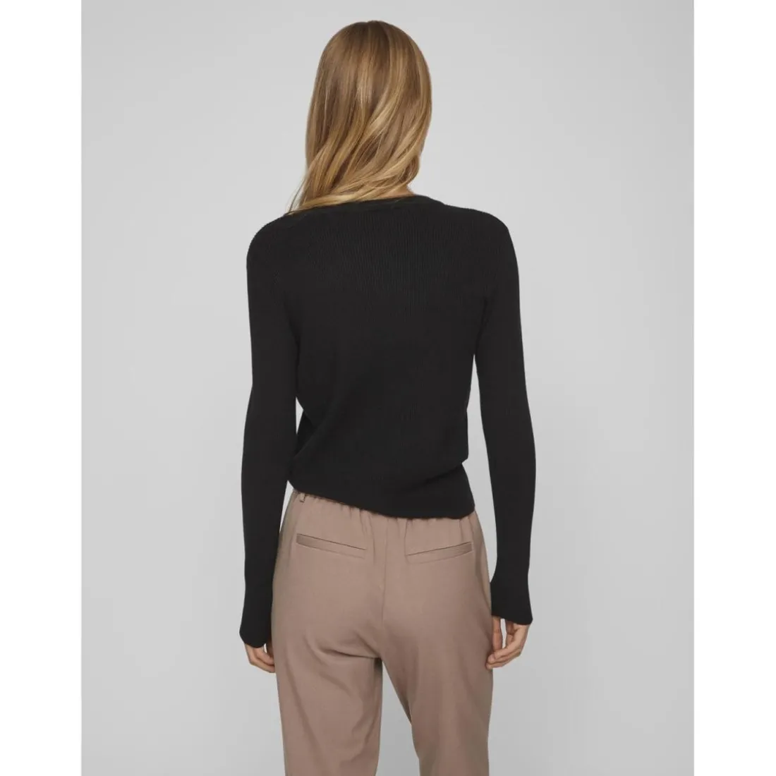 Pull poignets côtelés col rond noir en viscose