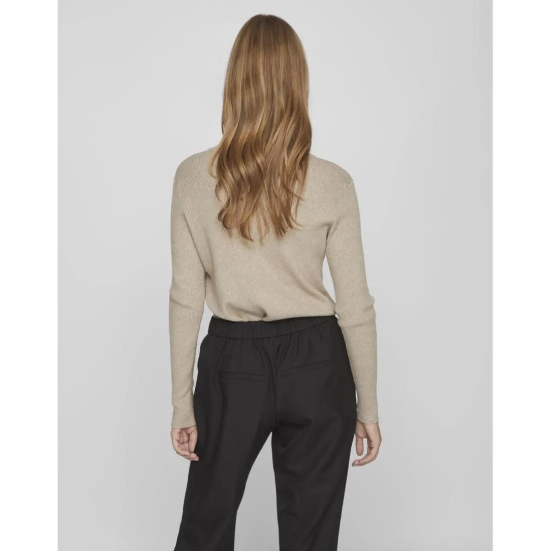 Pull poignets côtelés col rond marron en viscose