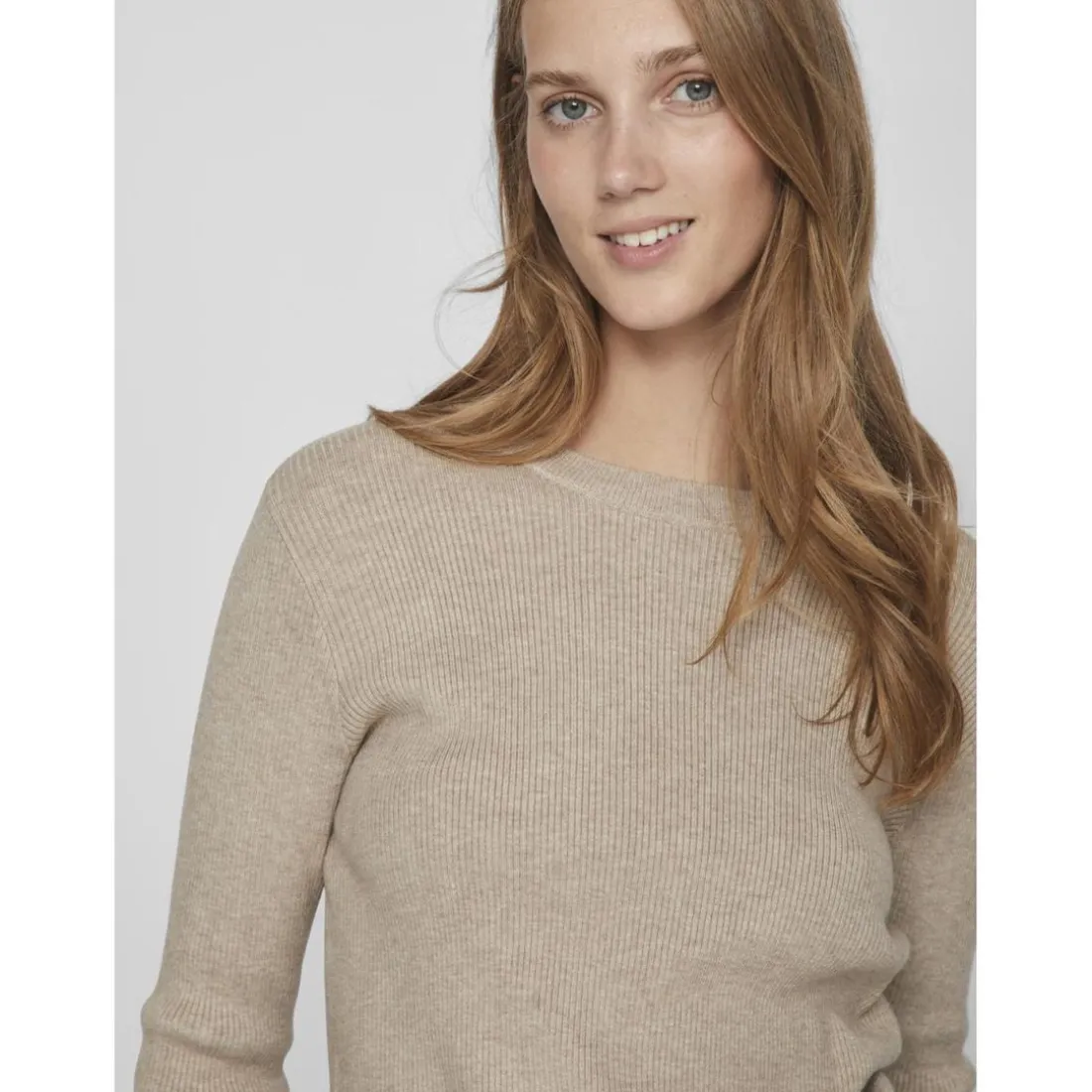Pull poignets côtelés col rond marron en viscose