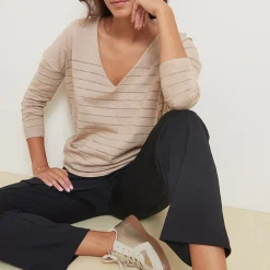 Pull sable à rayures beige