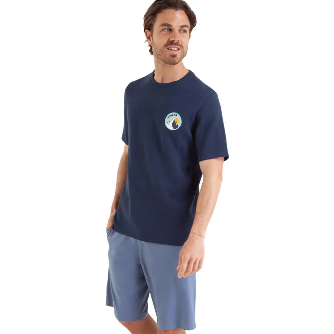 Pyjama court col rond homme Waffle Athena bleu en coton