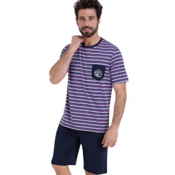 Pyjama court col rond homme Rayures Waves Athena multicolore en coton