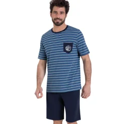 Pyjama court col rond homme Rayures Waves Athena en coton