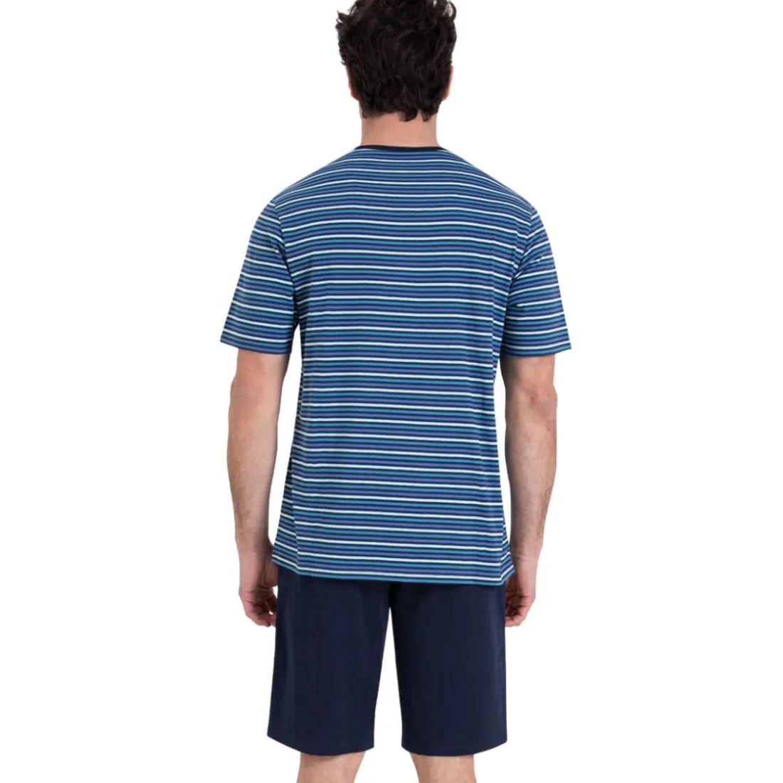 Pyjama court col rond homme Rayures Waves Athena en coton