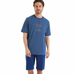 Pyjama court Rayures Fish & Chips bleu en coton pour homme