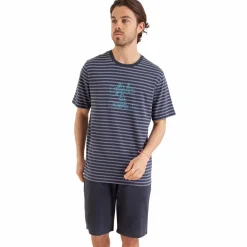 Pyjama court Rayures Fish & Chips gris en coton pour homme