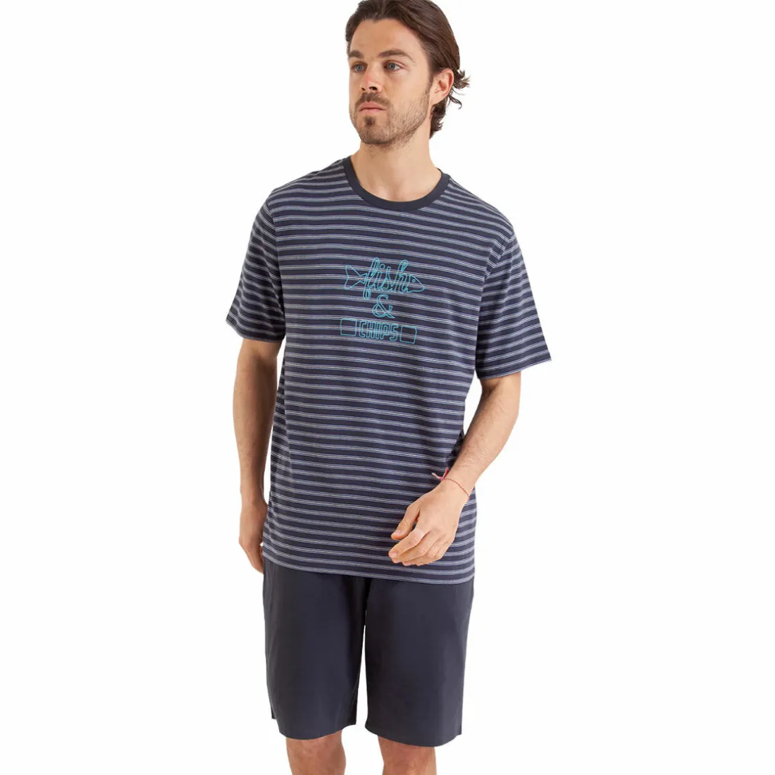 Pyjama court Rayures Fish & Chips gris en coton pour homme