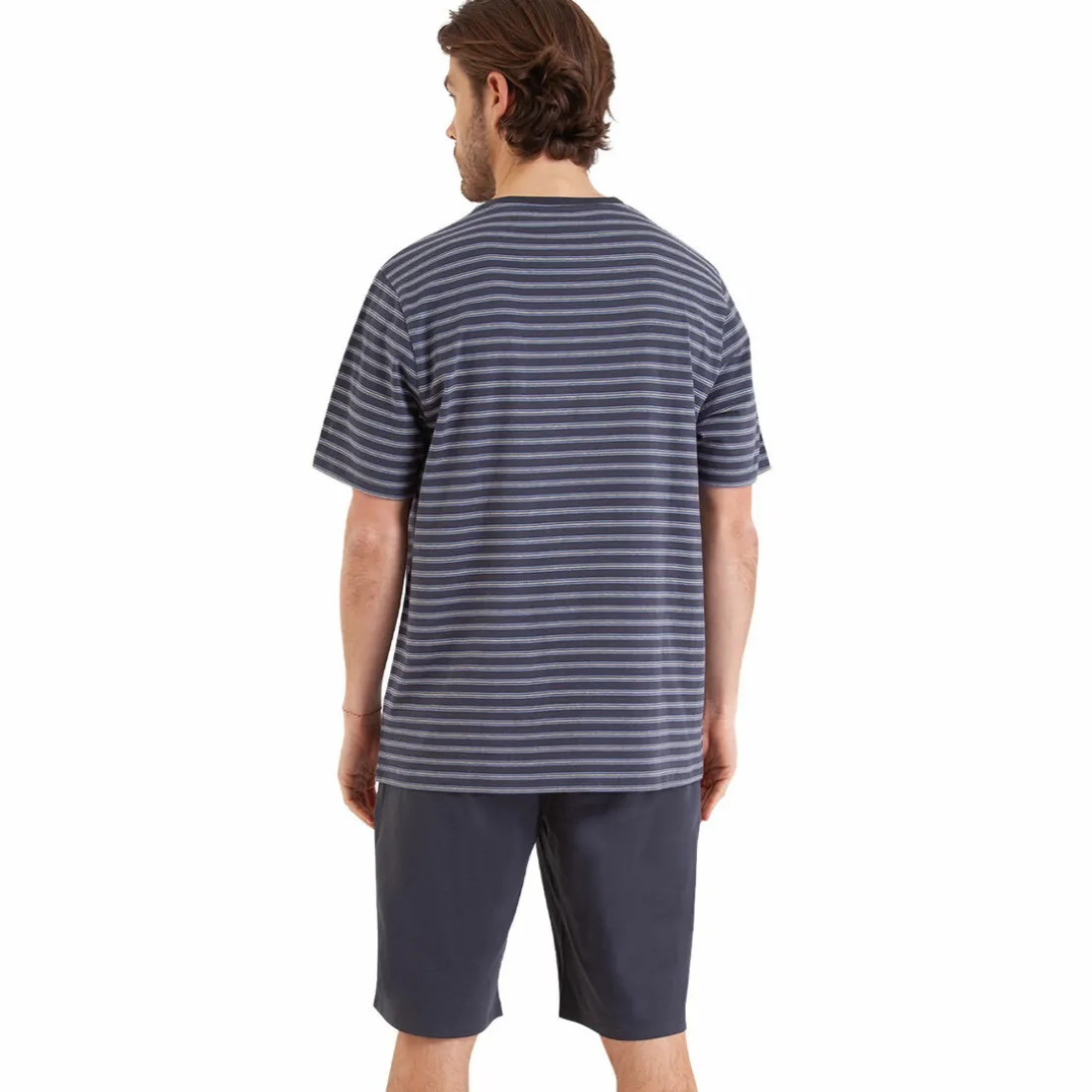Pyjama court Rayures Fish & Chips gris en coton pour homme
