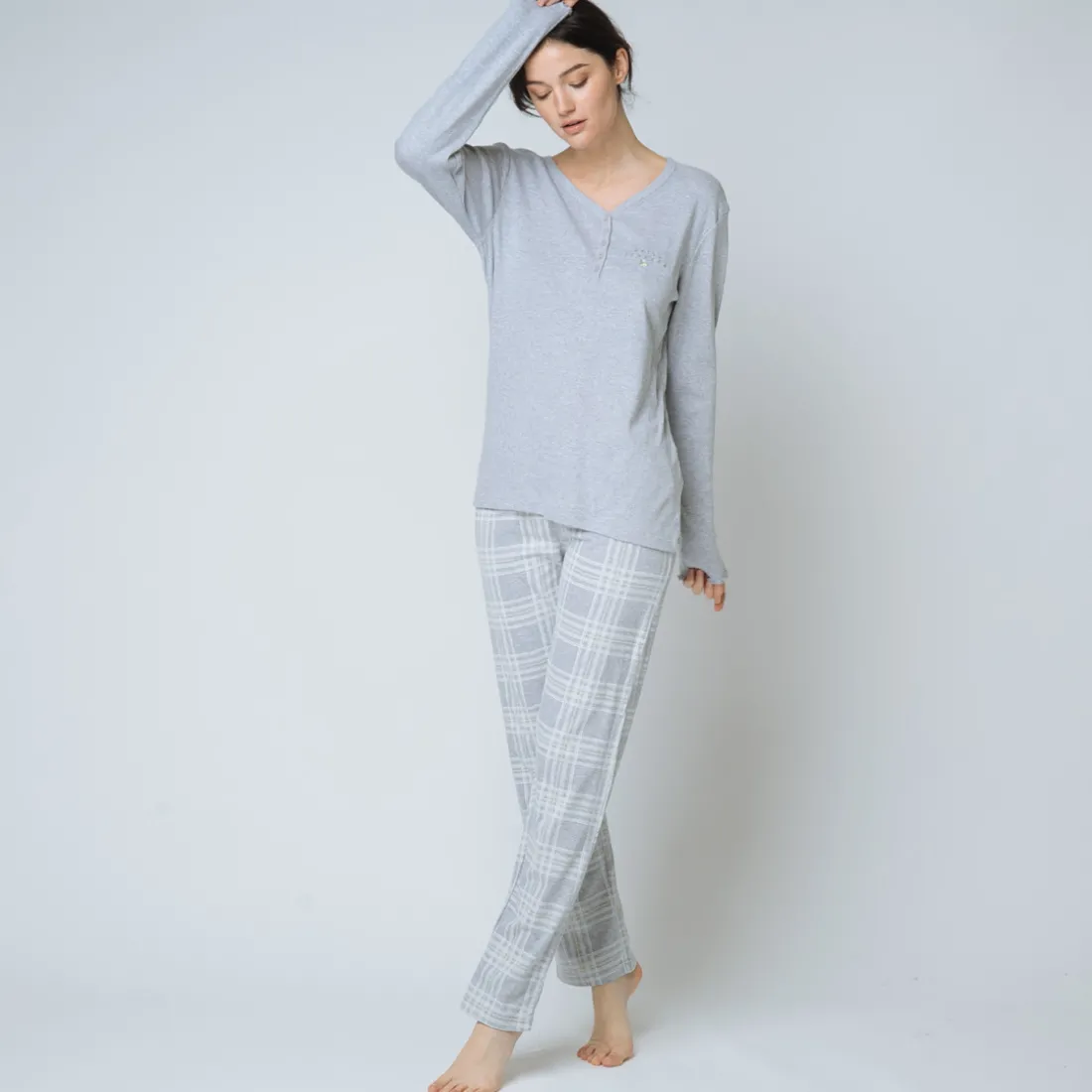 Pyjama deux pièces, pantalon à carreaux Coton Femme gris