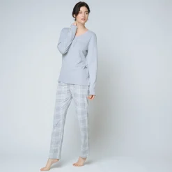 Pyjama deux pièces, pantalon à carreaux Coton Femme gris