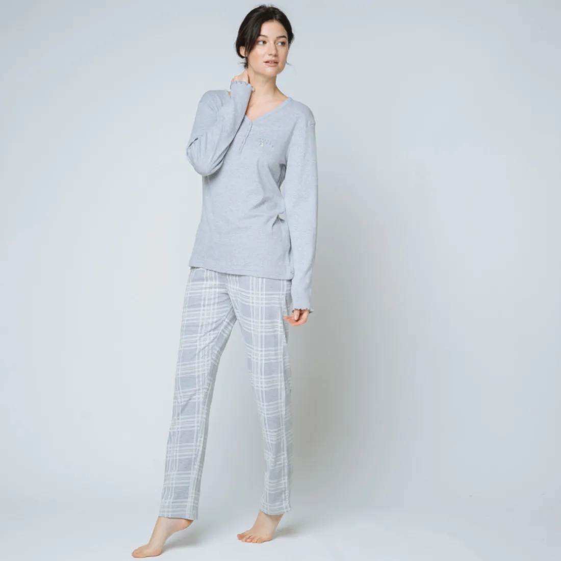 Pyjama deux pièces, pantalon à carreaux Coton Femme gris