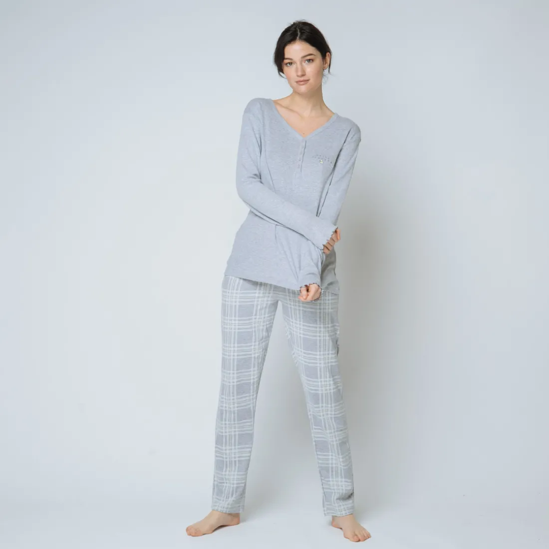 Pyjama deux pièces, pantalon à carreaux Coton Femme gris