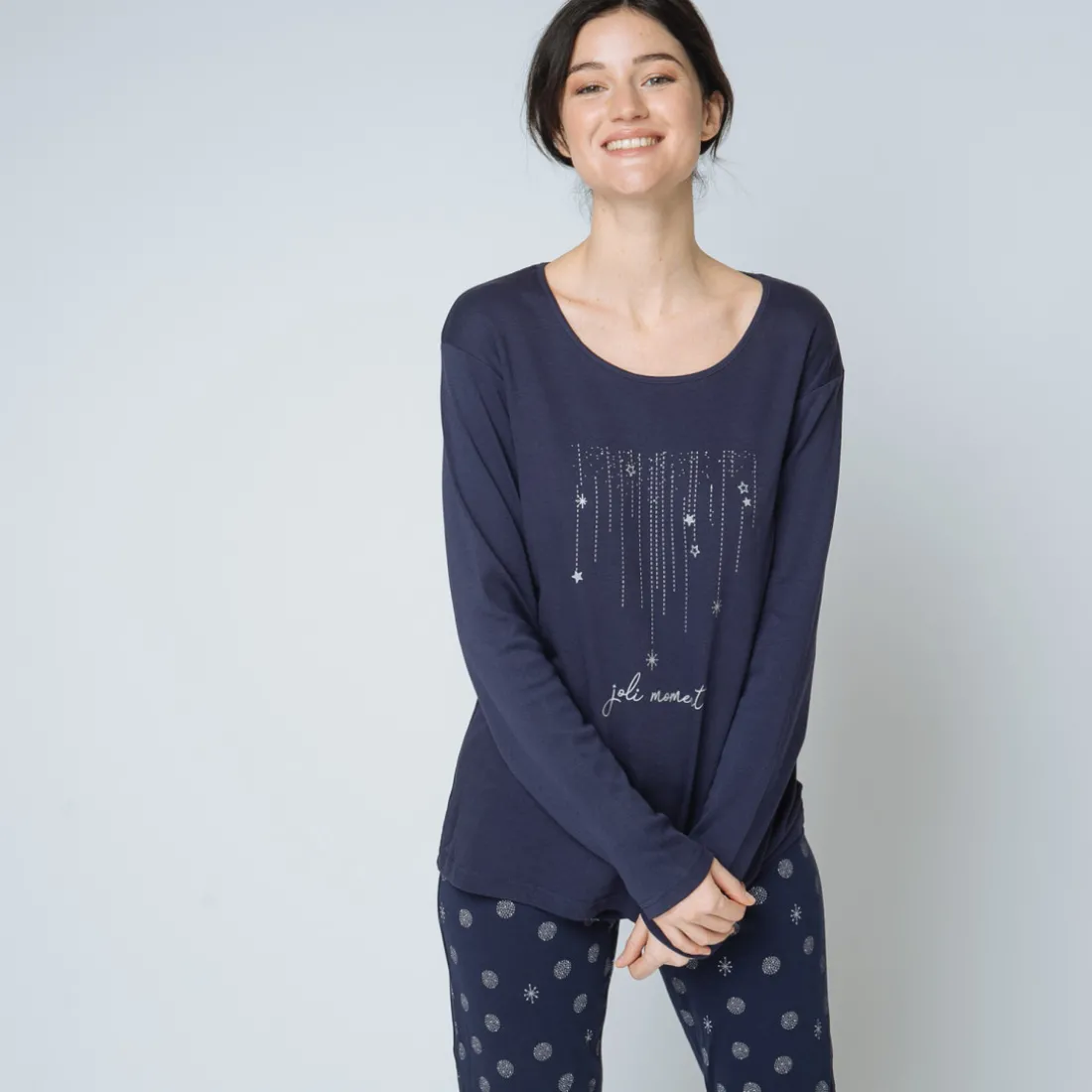 Pyjama deux pièces, pantalon imprimé Coton Femme bleu