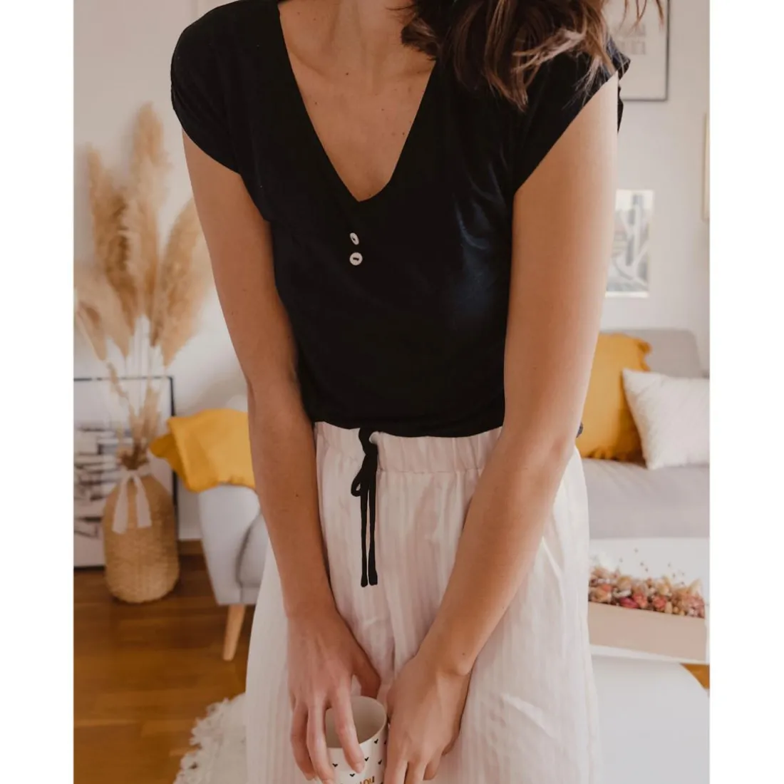 Pyjama deux pièces, pantalon satin noir en viscose