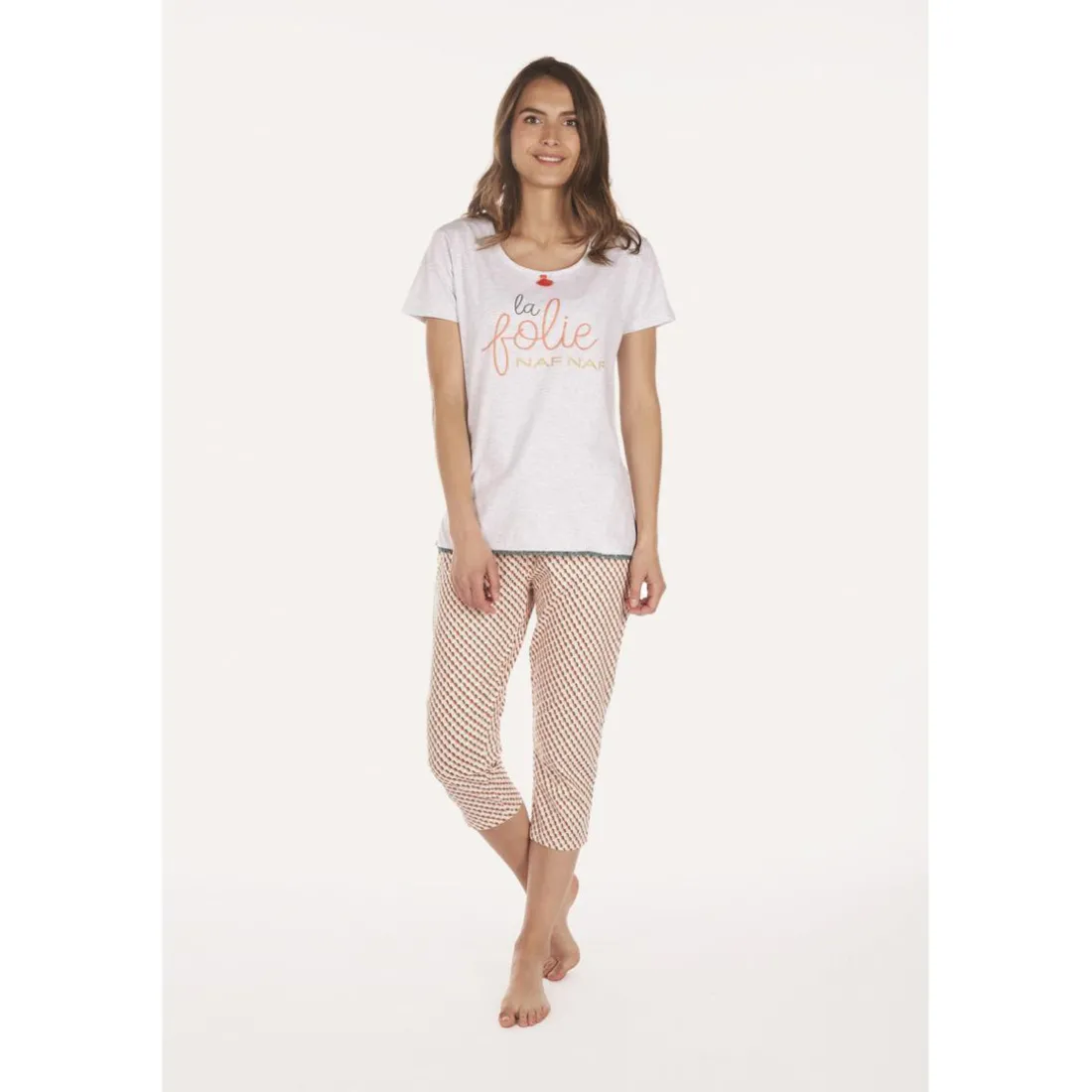 Pyjama femme - gris ch/ecru en coton