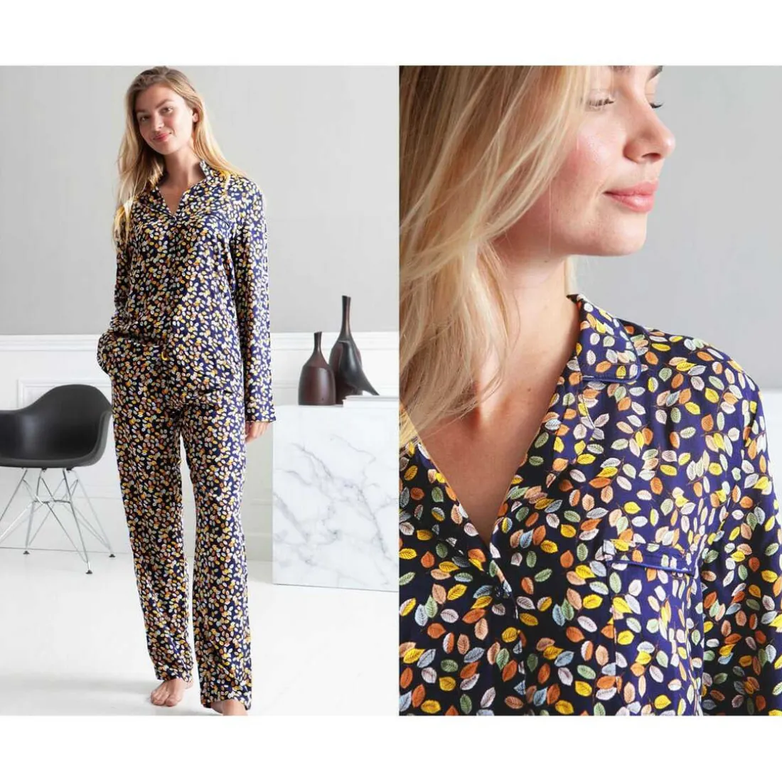 Pyjama femme à motif feuilles - Multicolore en viscose