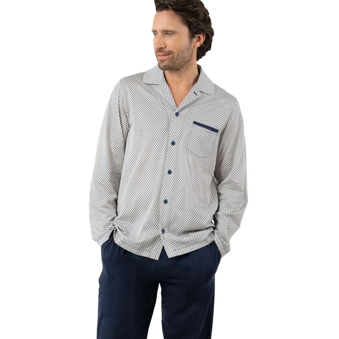 Pyjama long col ouvert homme Mercerisé Eminence multicolore en coton