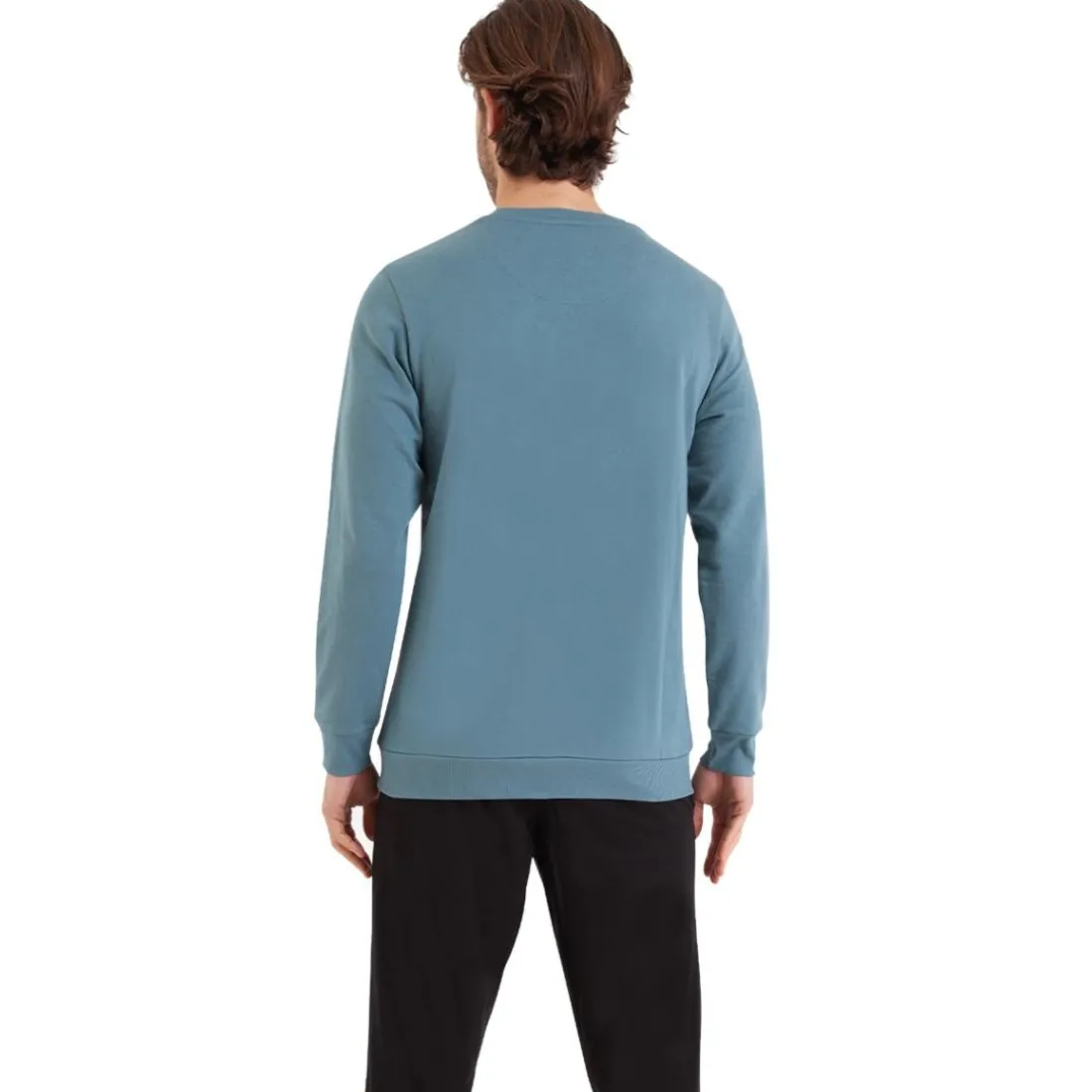 Pyjama long col rond homme Molleton Athena noir en coton