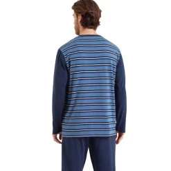 Pyjama long col rond homme Rayures Cap Horn Athena bleu en coton