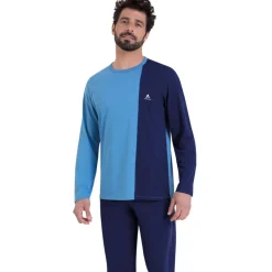 Pyjama long col rond homme Ecopack Athena bleu en coton