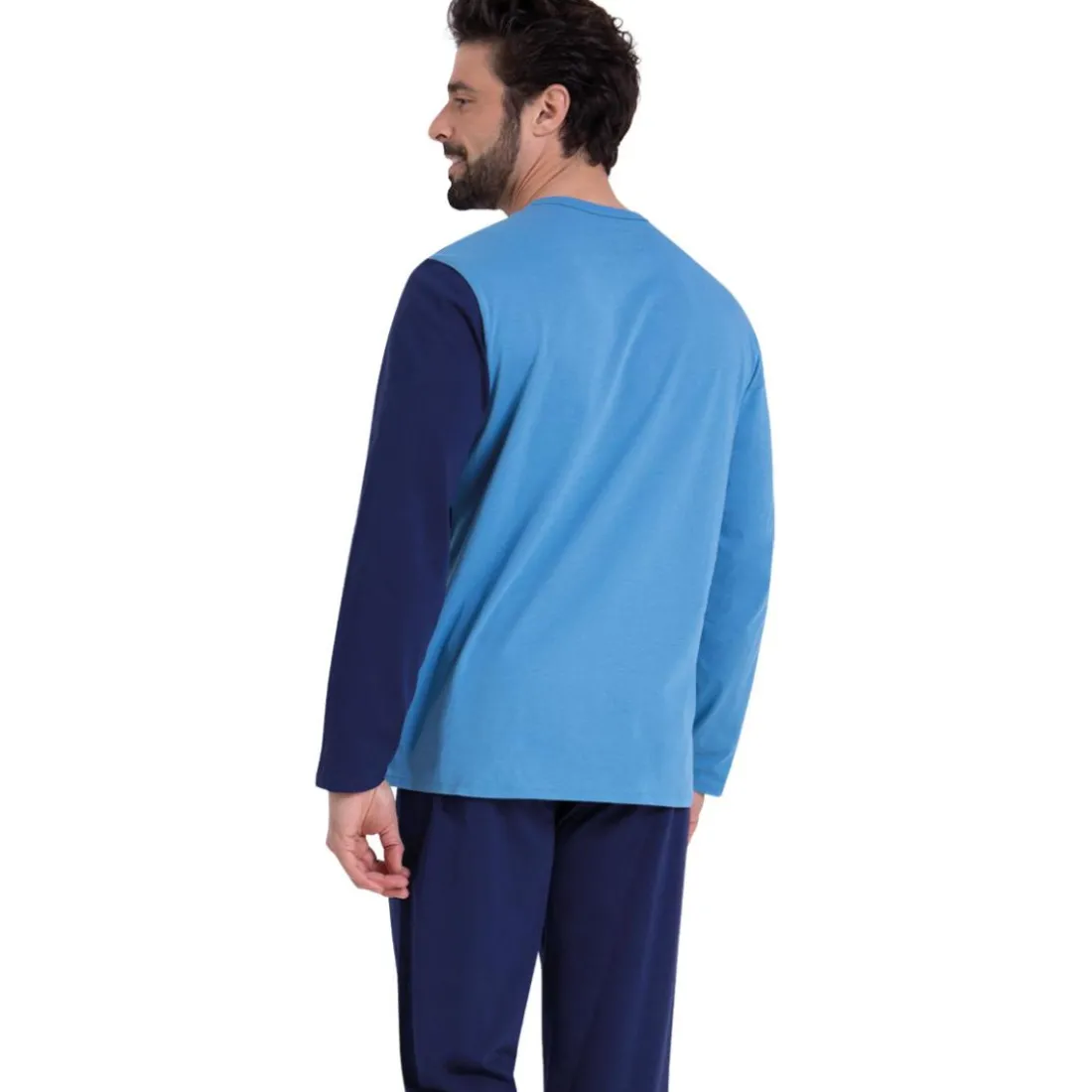 Pyjama long col rond homme Ecopack Athena bleu en coton
