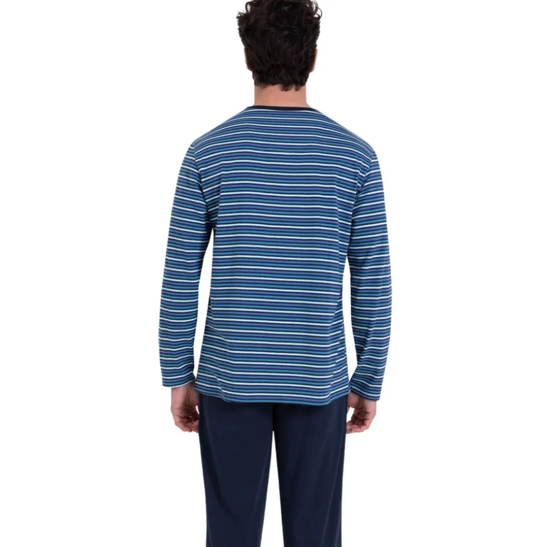 Pyjama long col rond Rayures Waves Athena bleu en coton