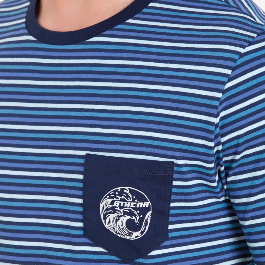Pyjama long col rond Rayures Waves Athena bleu en coton