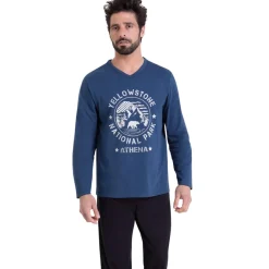 Pyjama long col V homme Ecopack Athena multicolore en coton