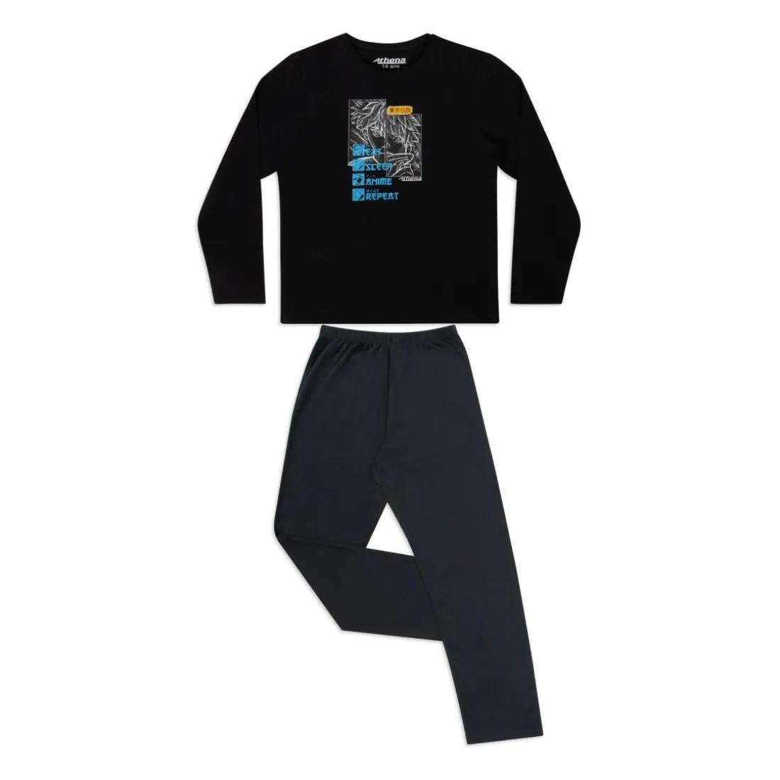Pyjama long Ecopack manga noir en coton pour garçon