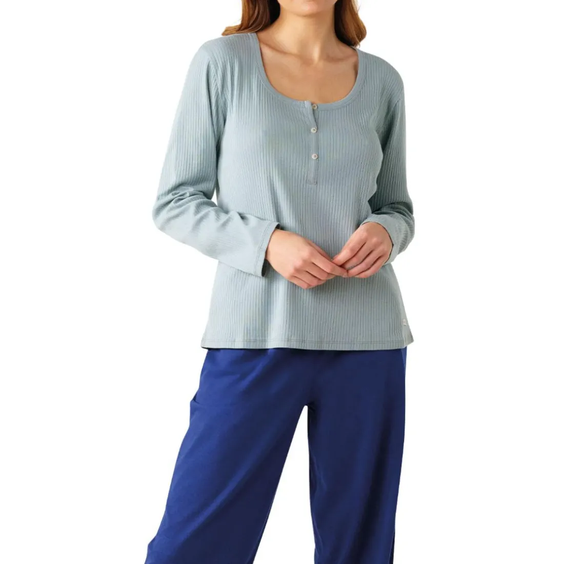 Pyjama long femme Confort Maille Athena bleu en coton