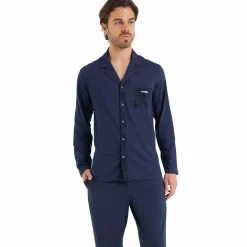 Pyjama long ouvert Easy Print bleu en coton pour homme
