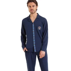 Pyjama long ouvert homme Rayures Cap Horn Athena bleu en coton