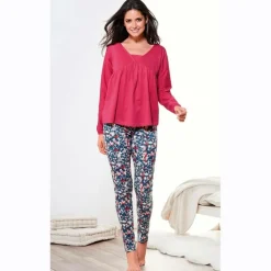 Pyjama manches longues pantalon imprimé femme - Imprimé Rouge en coton