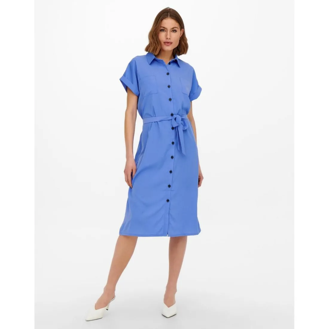 Robe chemise Manches courtes Au-dessus du genou Poignets repliés bleu Xia