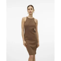 Robe col rond sans manches marron en coton bio Kai