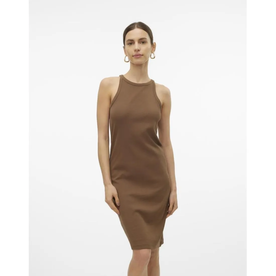 Robe col rond sans manches marron en coton bio Kai